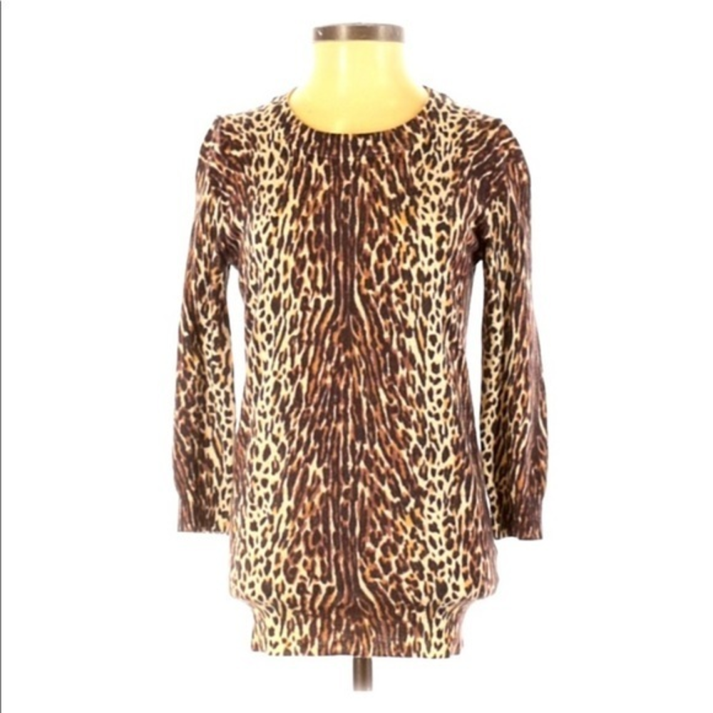 J Crew XS brown‎ animal print 100% merino wool crew neck long sleeve sweater